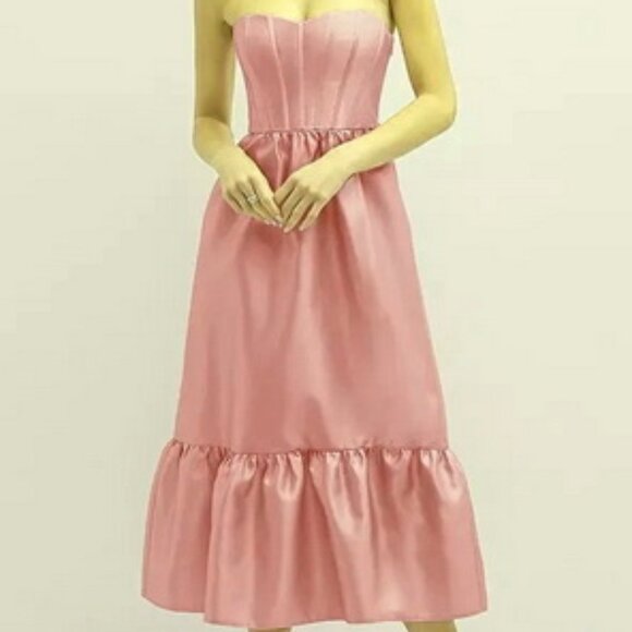 Dessy Collection Pink Corset Ruffle Strapless Satin Midi Dress 3141 - Picture 1 of 2